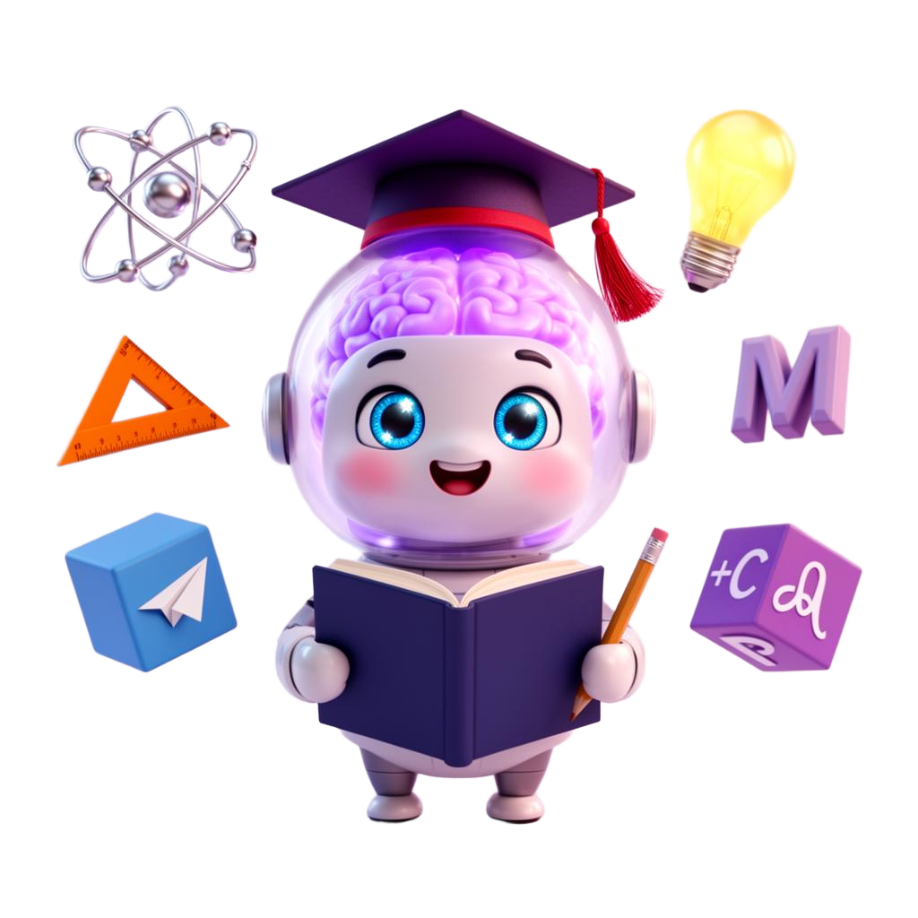 BRAINIX AI mascot — a friendly brain character with graduation cap holding a book